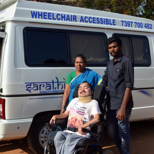 IMG-20230730-WA0000 This accessible air conditioned van Sarathi Max can carry a wheelchair person and 6 attenders. This first of its kind vehicle also has sofa cum bed, a toilet and hot water facility.