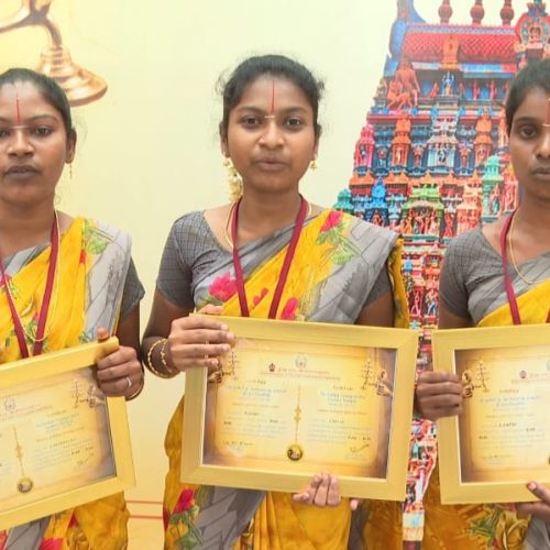 Ramya, Krishnaveni and Ranjitha will become temple priests in Tamil Nadu. They've completed the course and will undergo training at temples for a year before appointment as Temple Priests.